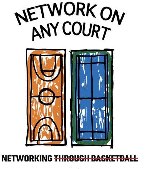 Network on any court artwork: a basketball court beside a tennis court.