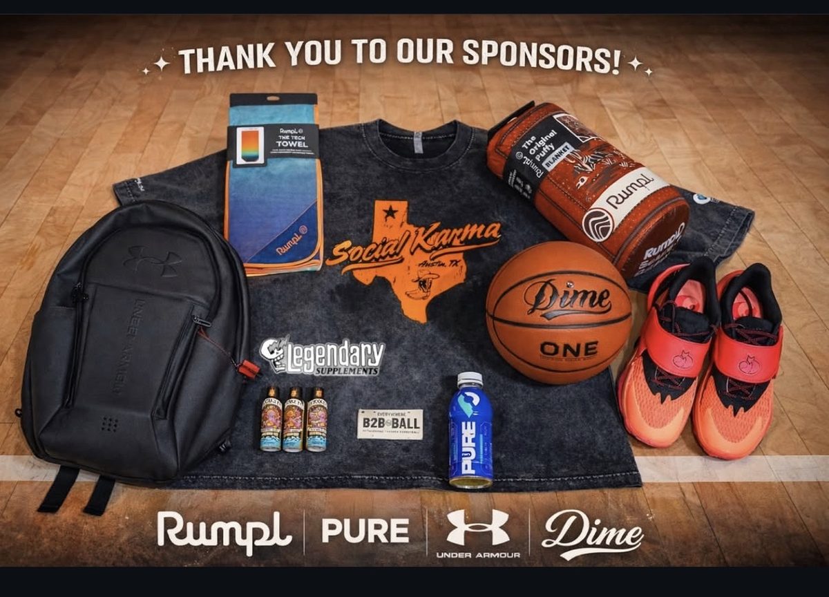 Product from B2B Ball sponsors laid out on the court: Under Armour, Rumpl, Pure, Legendary Supplements, Social Karma and Dime.